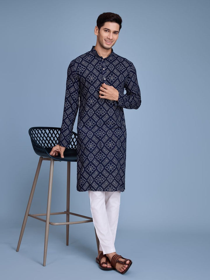 Navy Color Rayon And Print With Foil Work Kurta