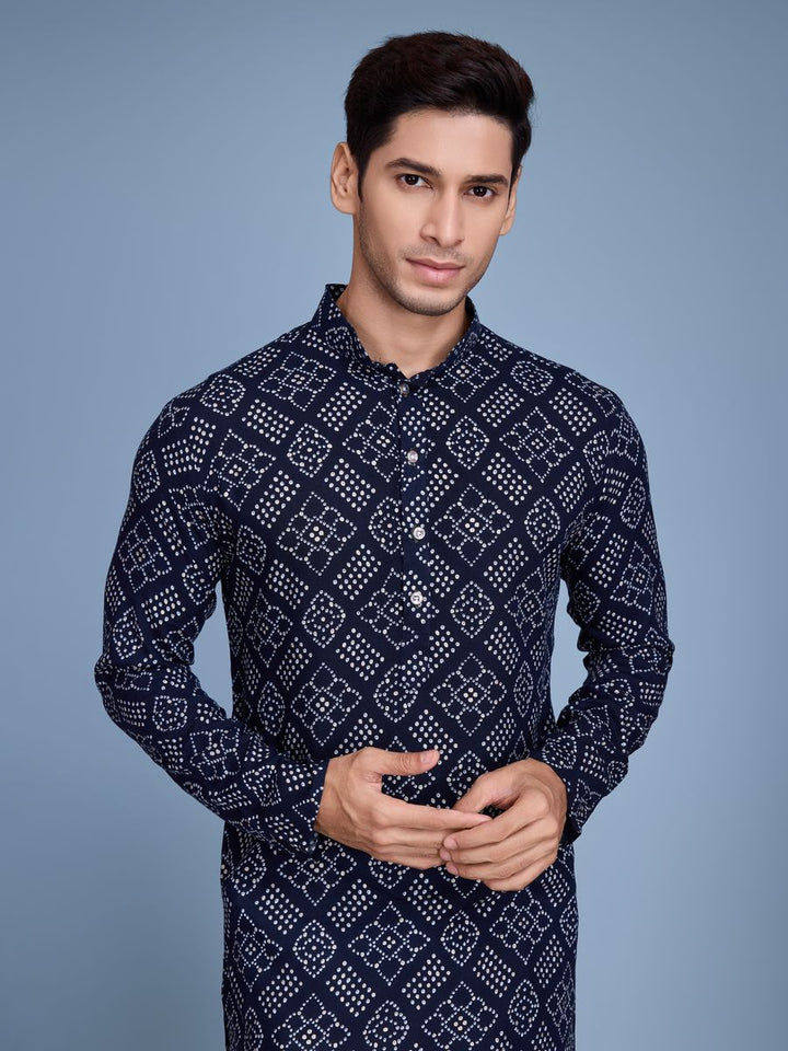 Navy Color Rayon And Print With Foil Work Kurta