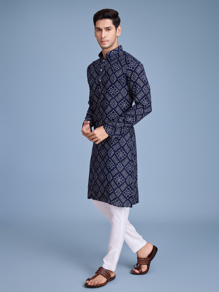 Navy Color Rayon And Print With Foil Work Kurta