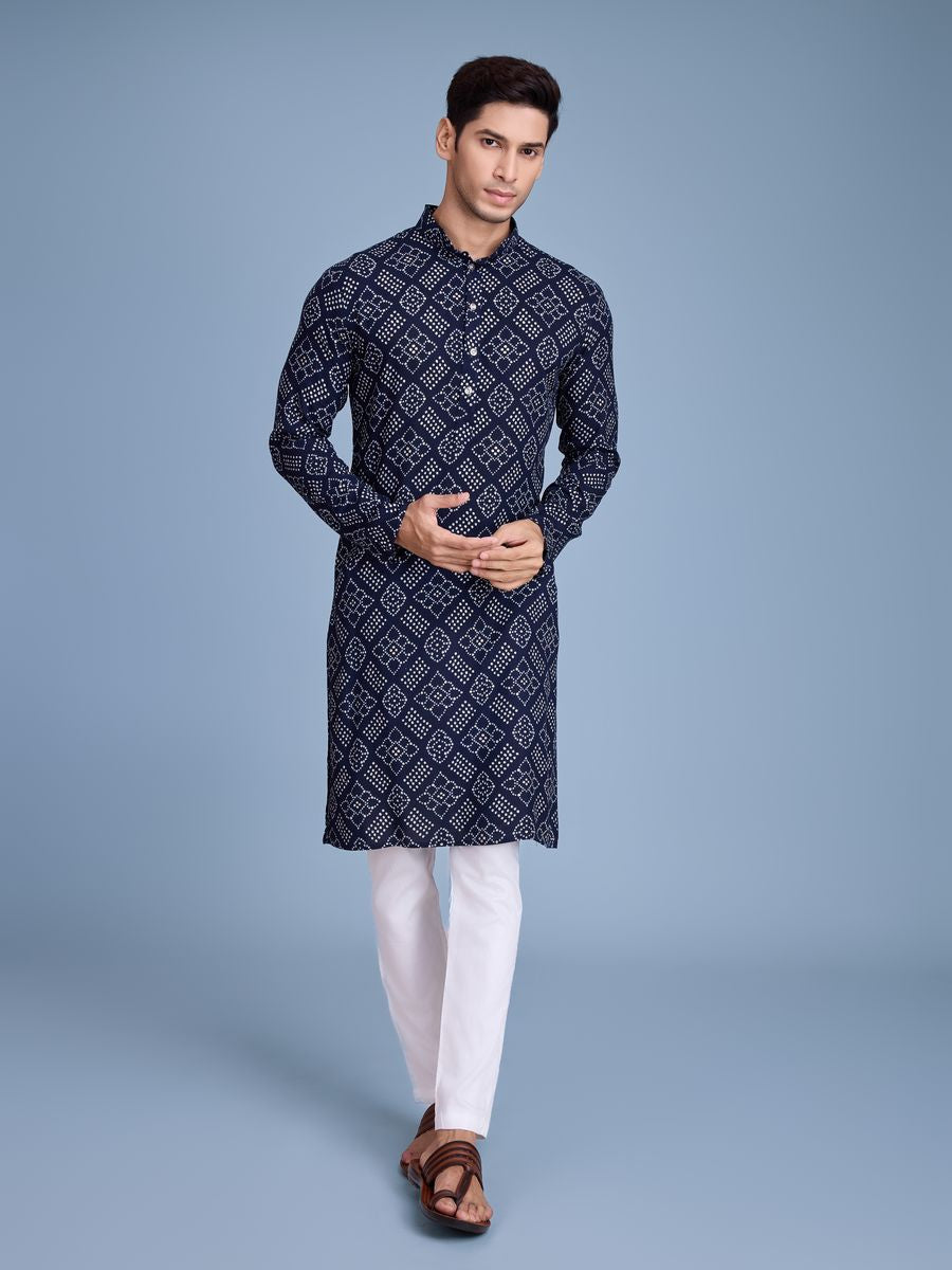 Navy Color Rayon And Print With Foil Work Kurta