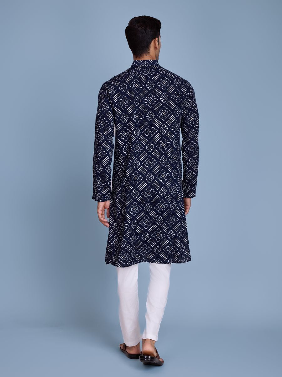 Navy Color Rayon And Print With Foil Work Kurta