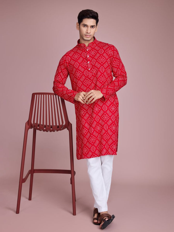 Red Color Rayon And Print With Foil Work Kurta