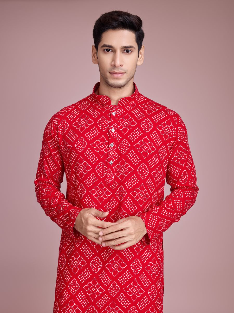 Red Color Rayon And Print With Foil Work Kurta