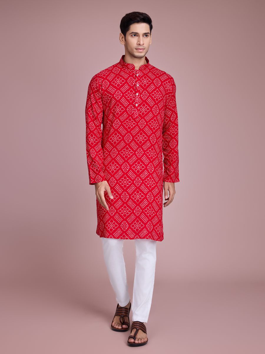 Red Color Rayon And Print With Foil Work Kurta