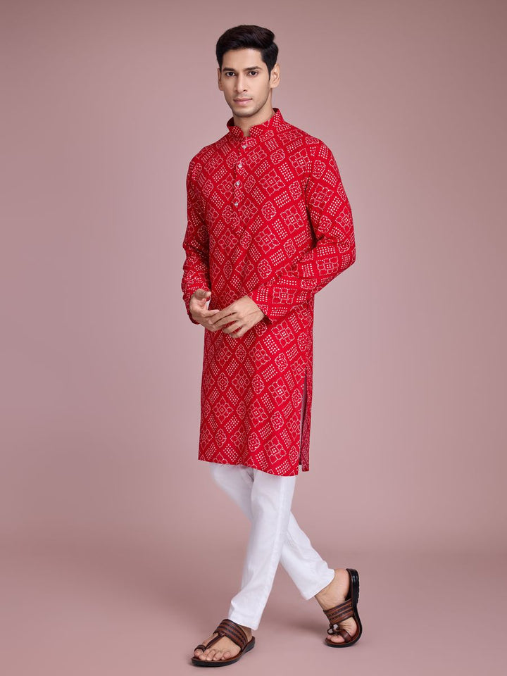 Red Color Rayon And Print With Foil Work Kurta