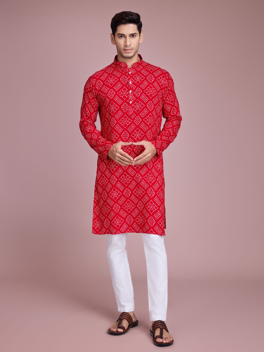 Red Color Rayon And Print With Foil Work Kurta