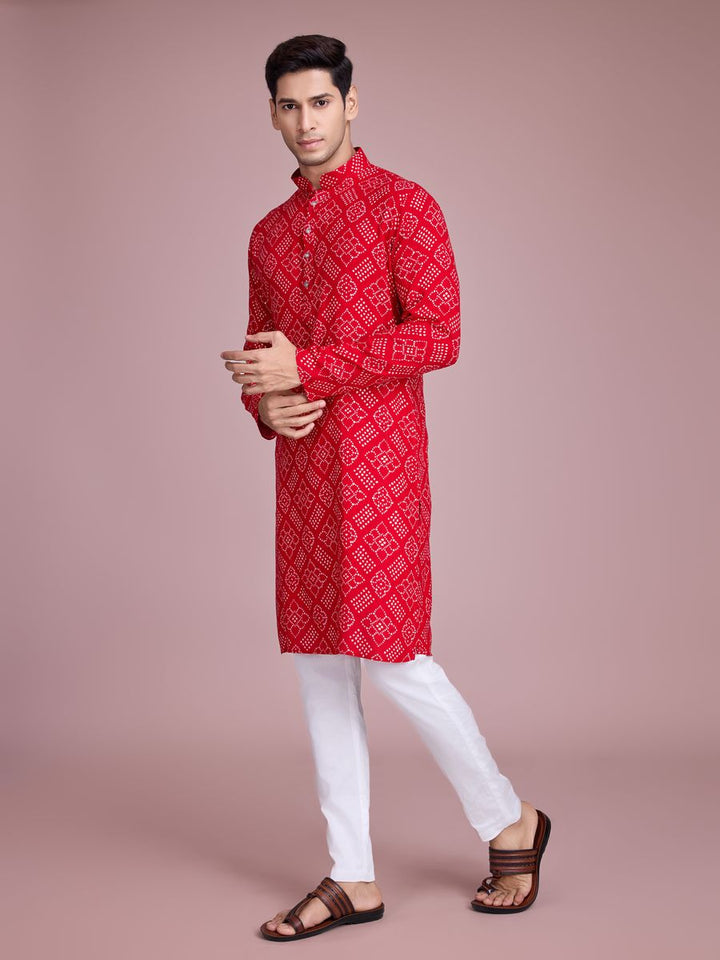 Red Color Rayon And Print With Foil Work Kurta