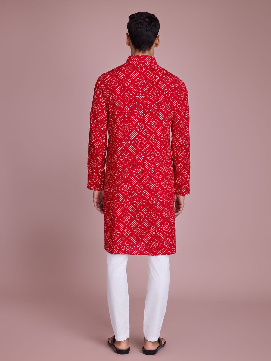 Red Color Rayon And Print With Foil Work Kurta