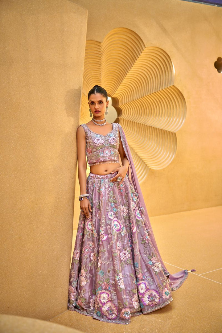 Lavender Organza Cut-dana & Handwork Semi-Stitched Lehenga choli & Dupatta