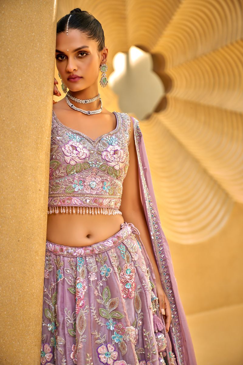 Lavender Organza Cut-dana & Handwork Semi-Stitched Lehenga choli & Dupatta