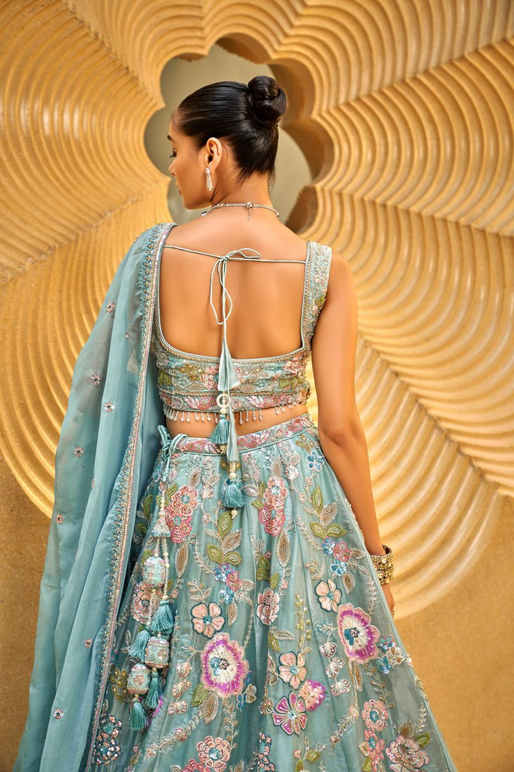 Sea Green Organza Cut-dana & Handwork Semi-Stitched Lehenga choli & Dupatta