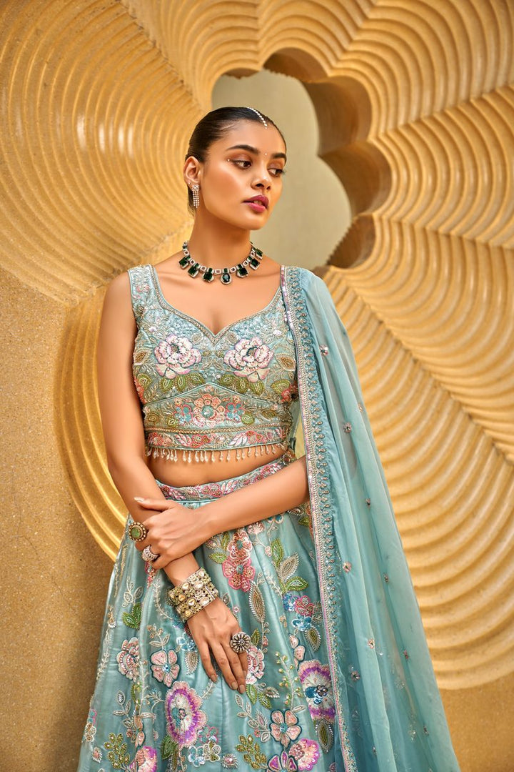 Sea Green Organza Cut-dana & Handwork Semi-Stitched Lehenga choli & Dupatta