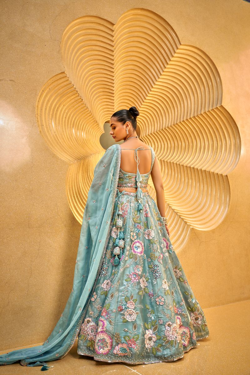 Sea Green Organza Cut-dana & Handwork Semi-Stitched Lehenga choli & Dupatta