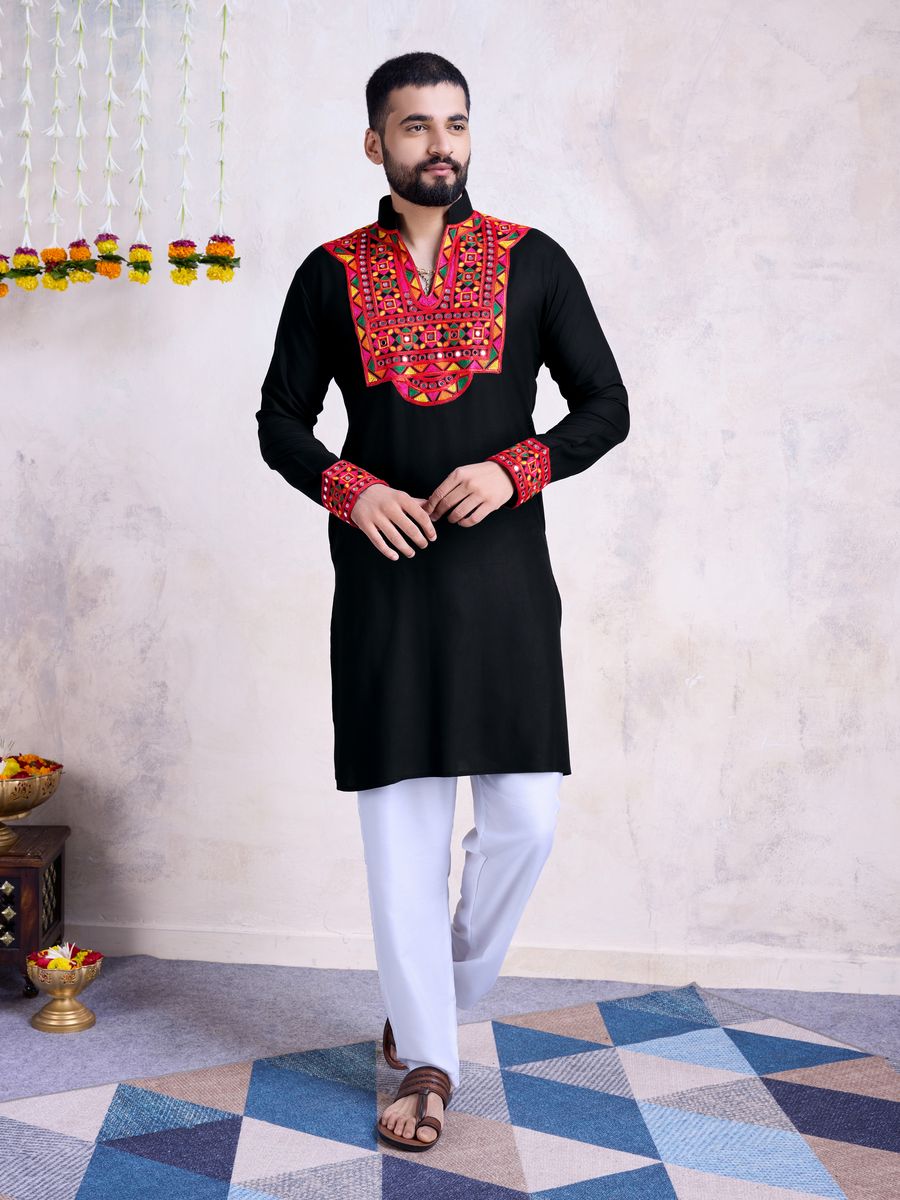 Black Color Rayon Embroidery With Real Mirro Work Kurta