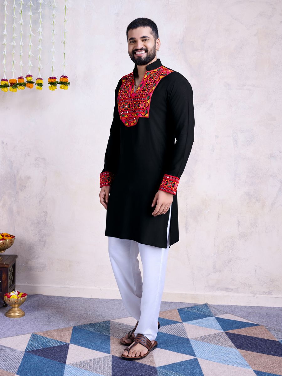 Black Color Rayon Embroidery With Real Mirro Work Kurta