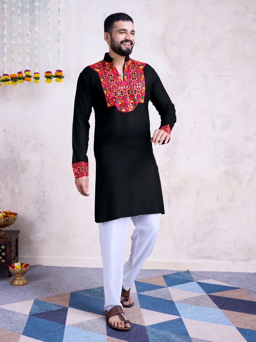 Black Color Rayon Embroidery With Real Mirro Work Kurta