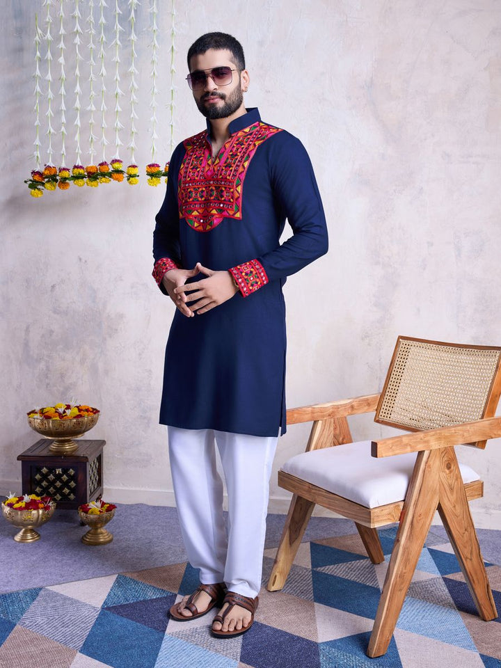 Navy Color Rayon Embroidery With Real Mirro Work Kurta