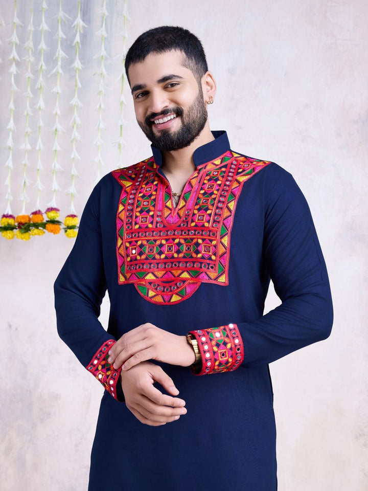 Navy Color Rayon Embroidery With Real Mirro Work Kurta