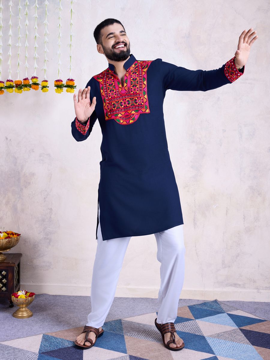 Navy Color Rayon Embroidery With Real Mirro Work Kurta