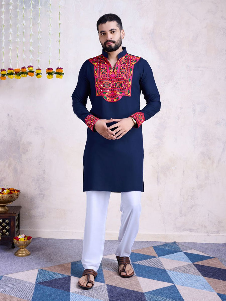 Navy Color Rayon Embroidery With Real Mirro Work Kurta