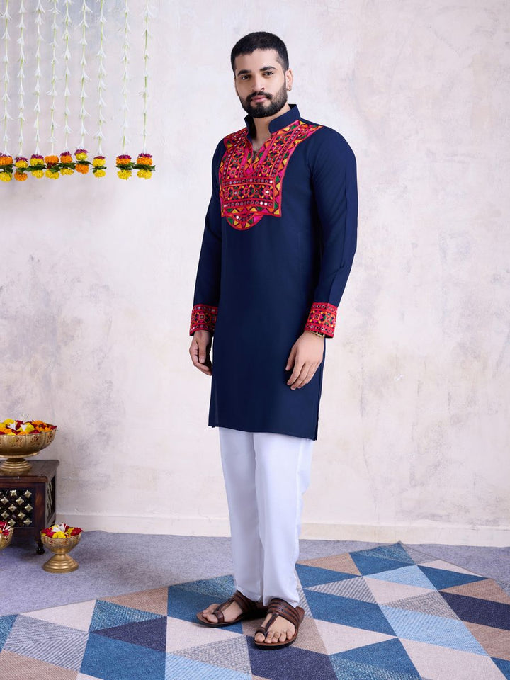 Navy Color Rayon Embroidery With Real Mirro Work Kurta