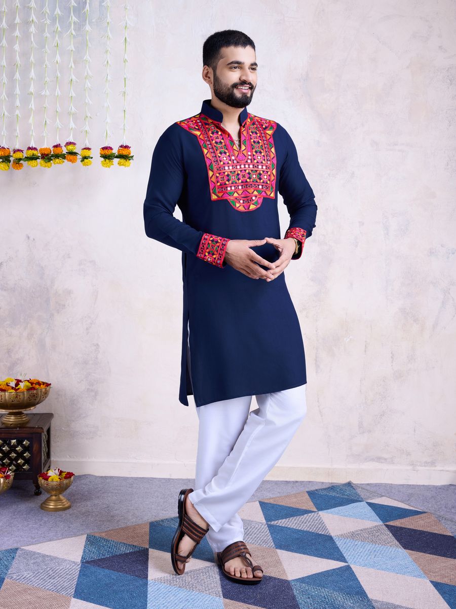 Navy Color Rayon Embroidery With Real Mirro Work Kurta