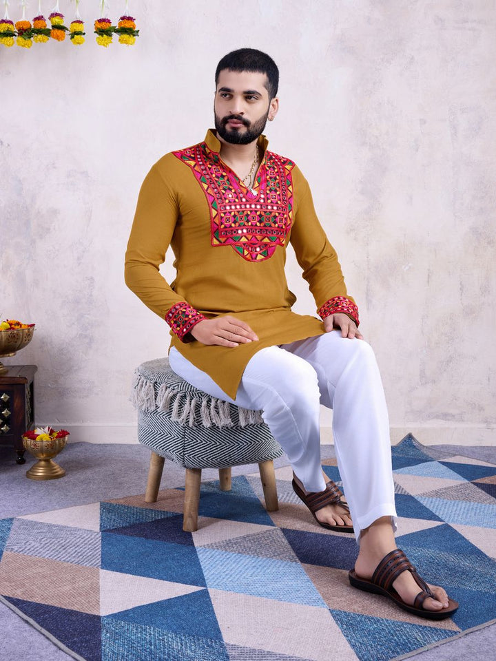 Yellow Color Rayon Embroidery With Real Mirro Work Kurta