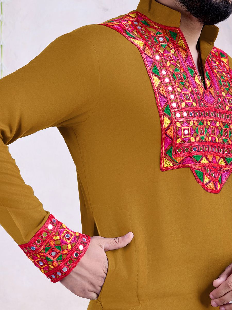 Yellow Color Rayon Embroidery With Real Mirro Work Kurta