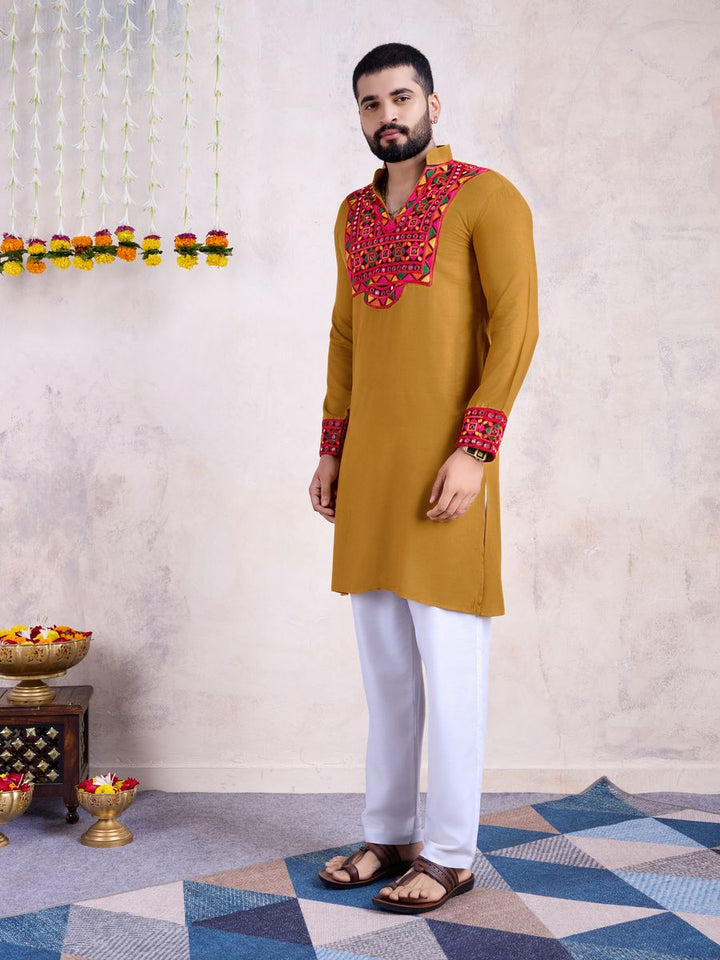 Yellow Color Rayon Embroidery With Real Mirro Work Kurta