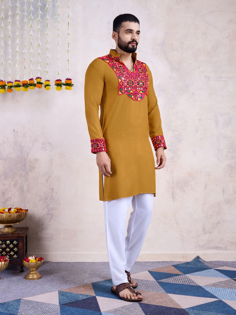 Yellow Color Rayon Embroidery With Real Mirro Work Kurta