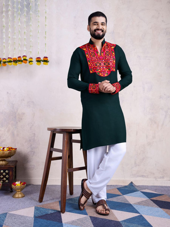 Green Color Rayon Embroidery With Real Mirro Work Kurta