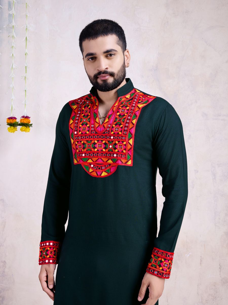 Green Color Rayon Embroidery With Real Mirro Work Kurta