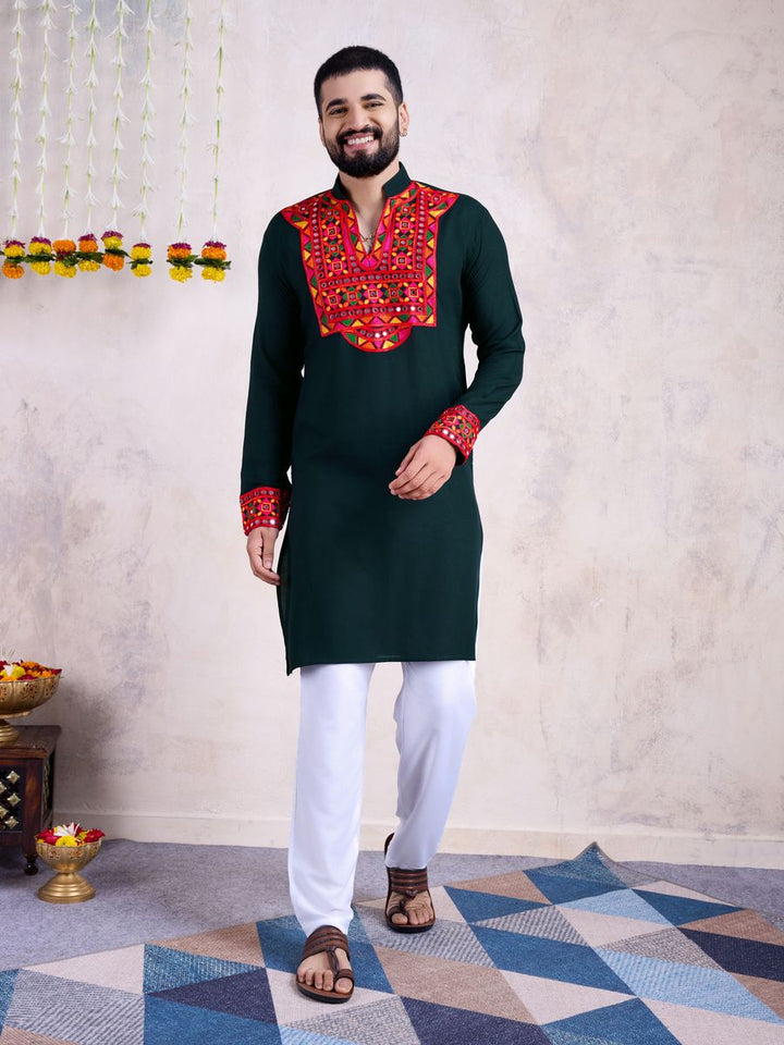 Green Color Rayon Embroidery With Real Mirro Work Kurta