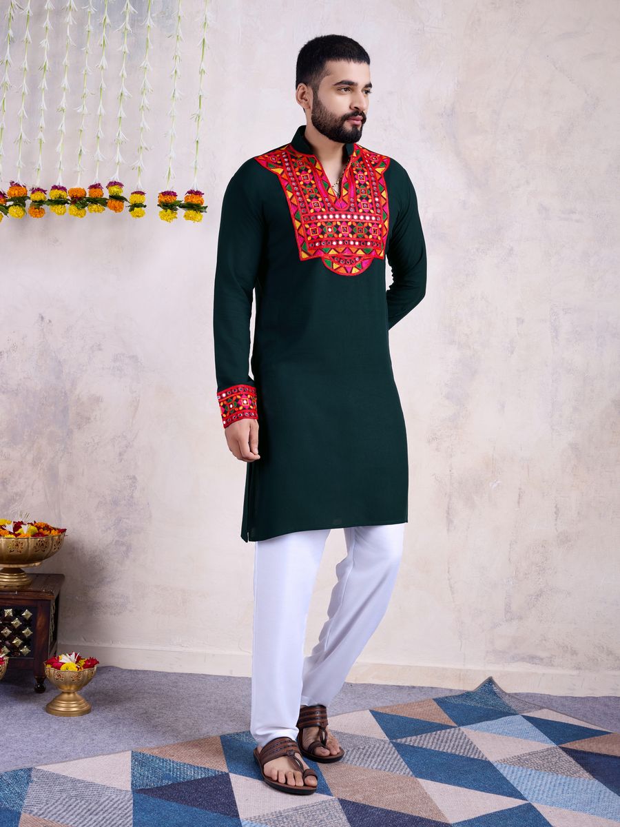 Green Color Rayon Embroidery With Real Mirro Work Kurta