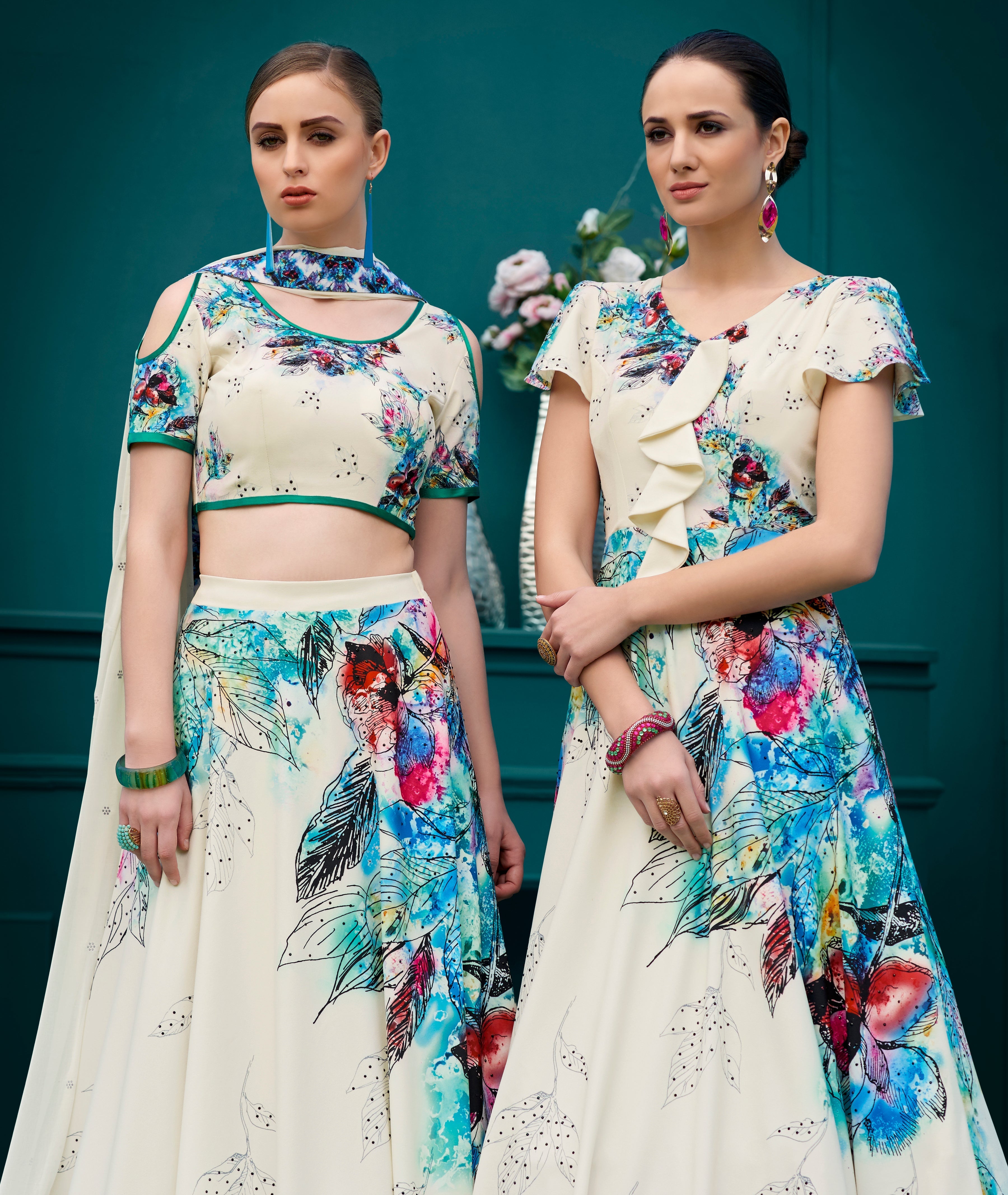 Floral Symphony Digital Print Lehenga. - qivii