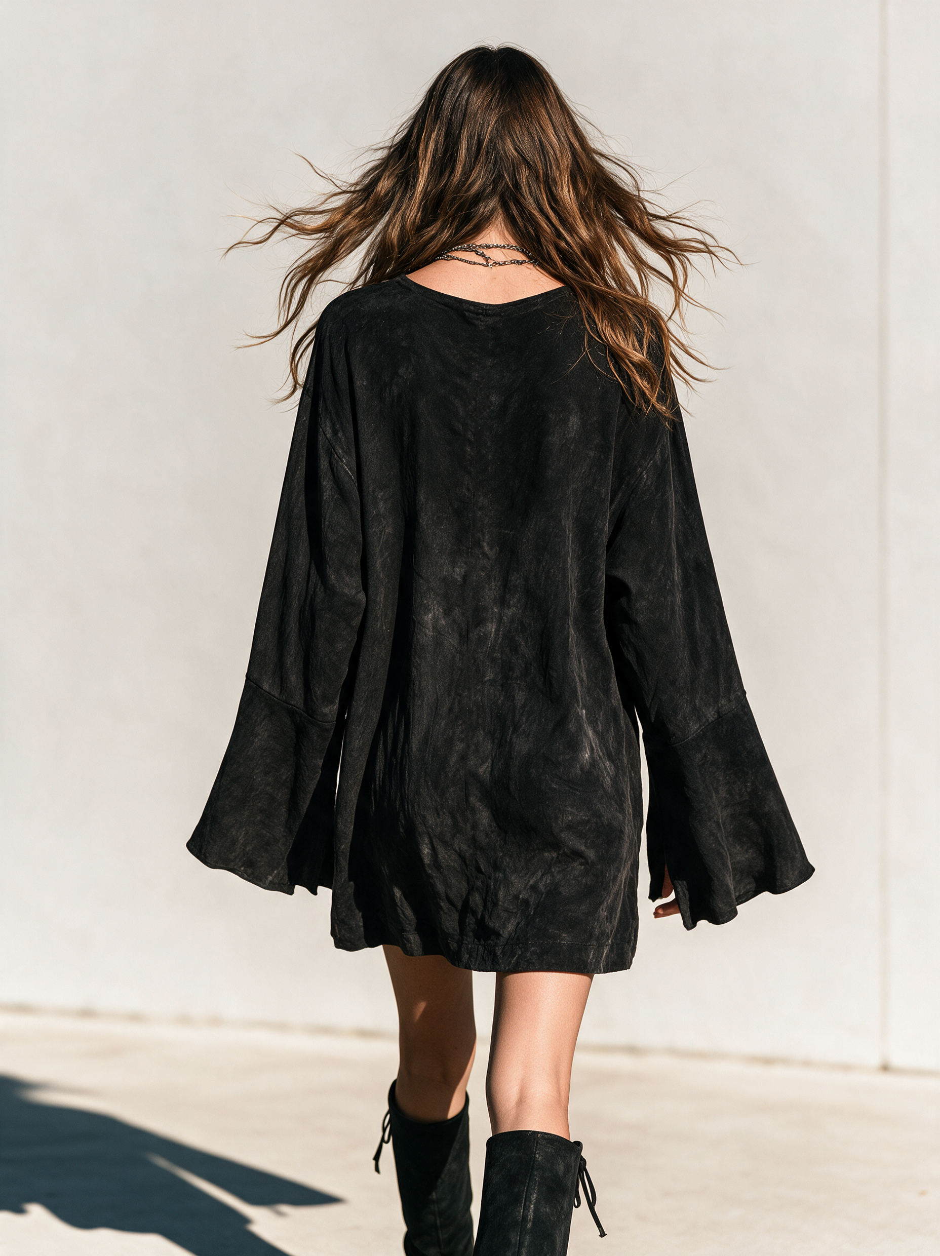 Women's Casual Black Eco-Friendly Suede And Sequin V-Neck Long-Sleeve Mini Dress MDZ0104I3LXY