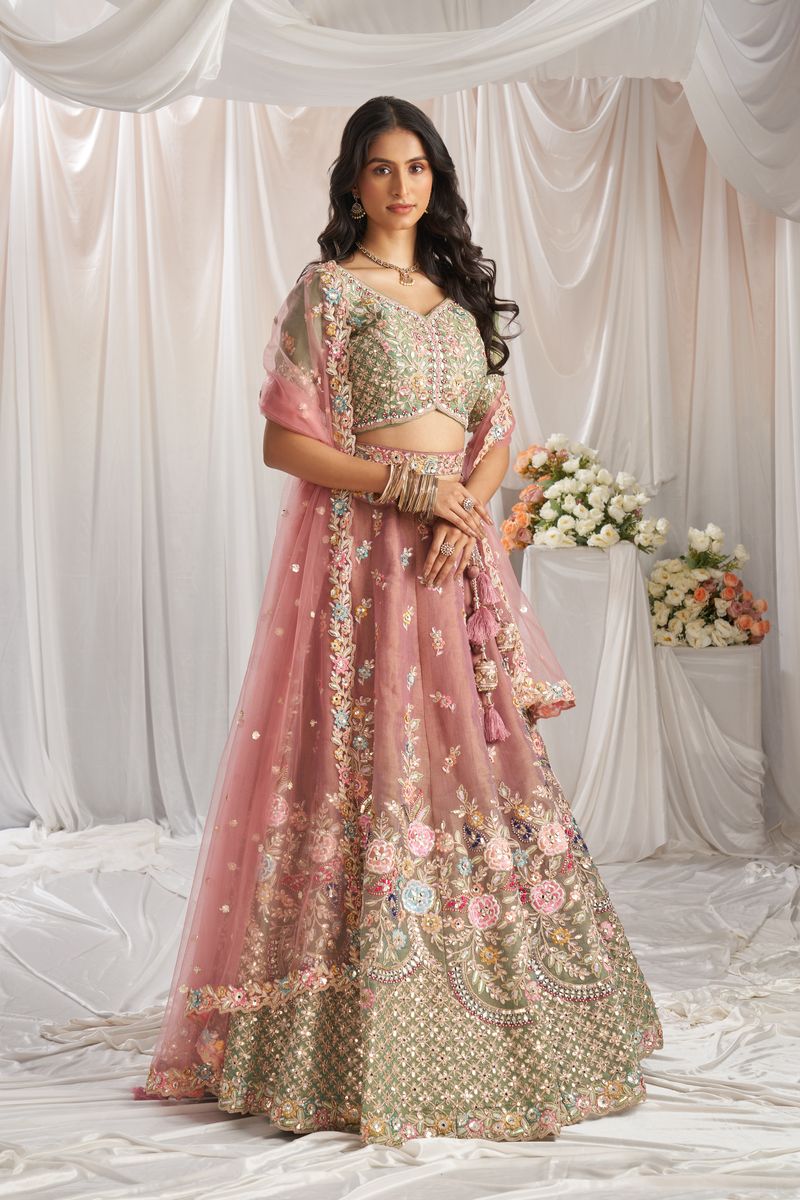 Sea Green shaded Bridel net and Gotapatti & Moti embroidery Semi-Stitched Lehenga choli & Dupatta