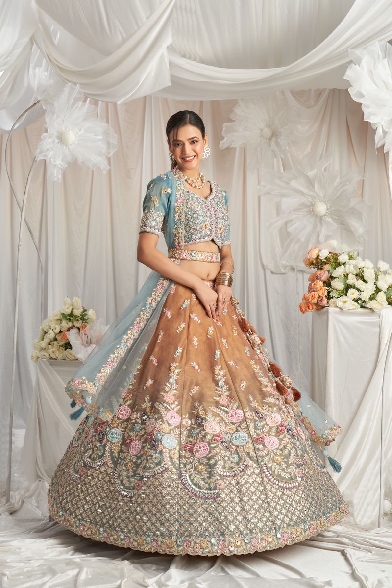 Turquoise blue Bridel net and Gotapatti & Moti embroidery Semi-Stitched Lehenga choli & Dupatta