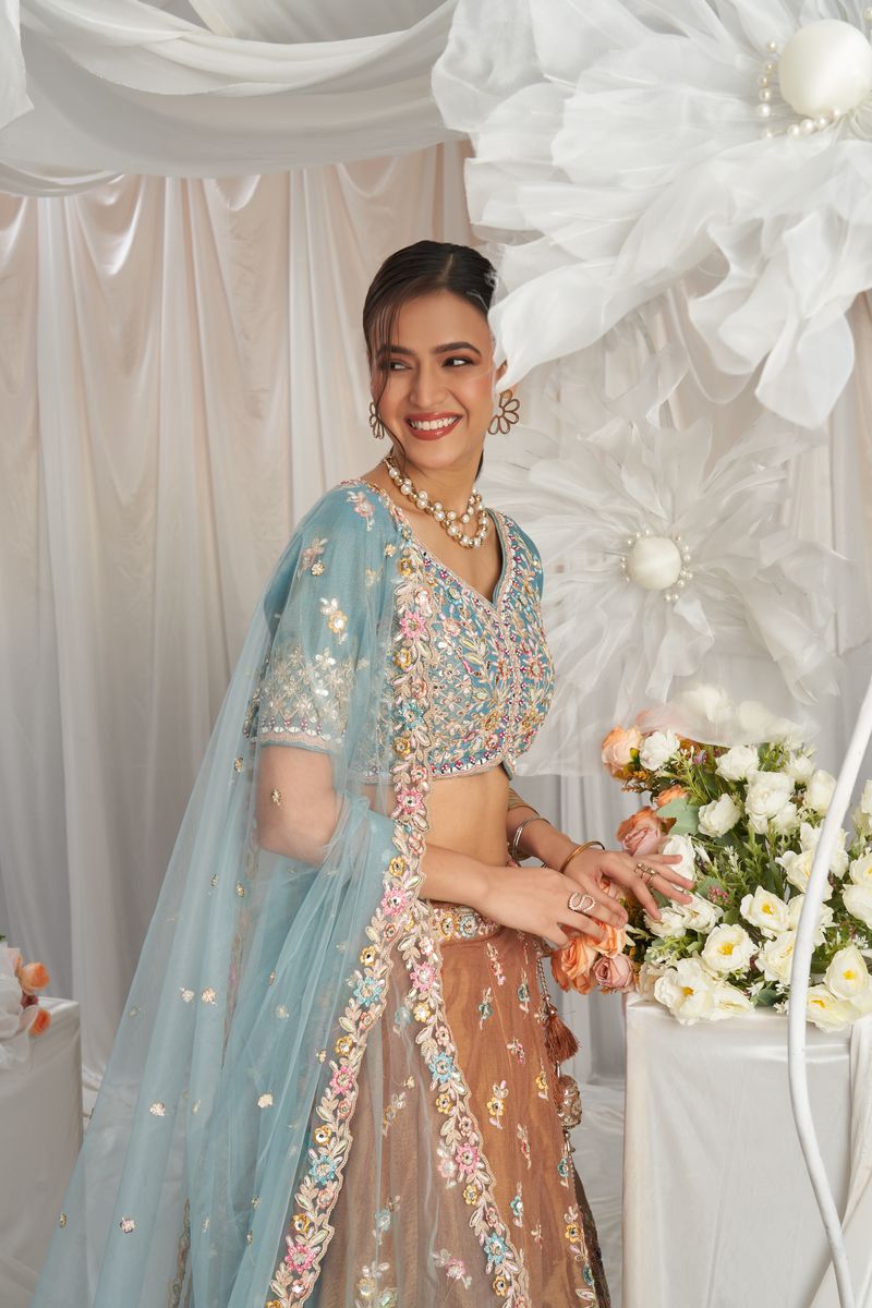 Turquoise blue Bridel net and Gotapatti & Moti embroidery Semi-Stitched Lehenga choli & Dupatta