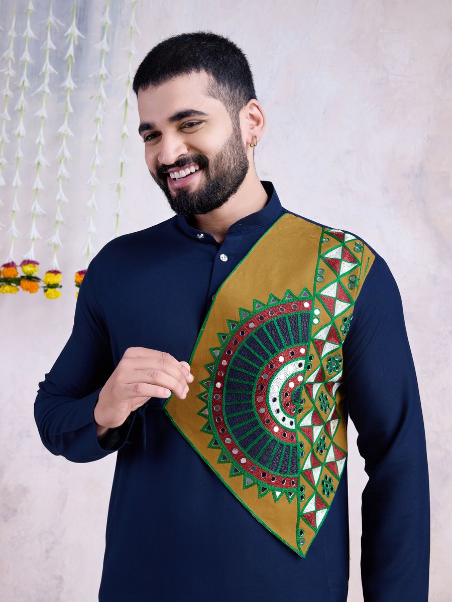 Navy Color Rayon Embroidery With Real Mirror Work