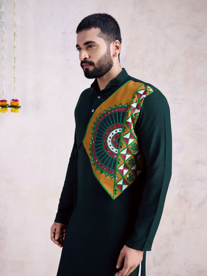 Green Color Rayon Embroidery With Real Mirror Work