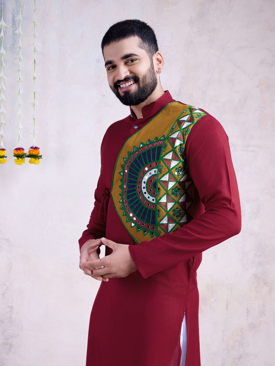 Maroon Color Rayon Embroidery With Real Mirror Work