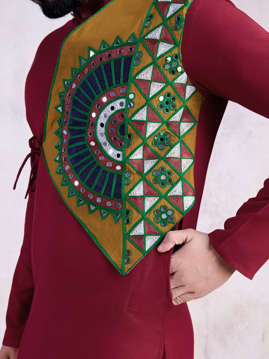 Maroon Color Rayon Embroidery With Real Mirror Work