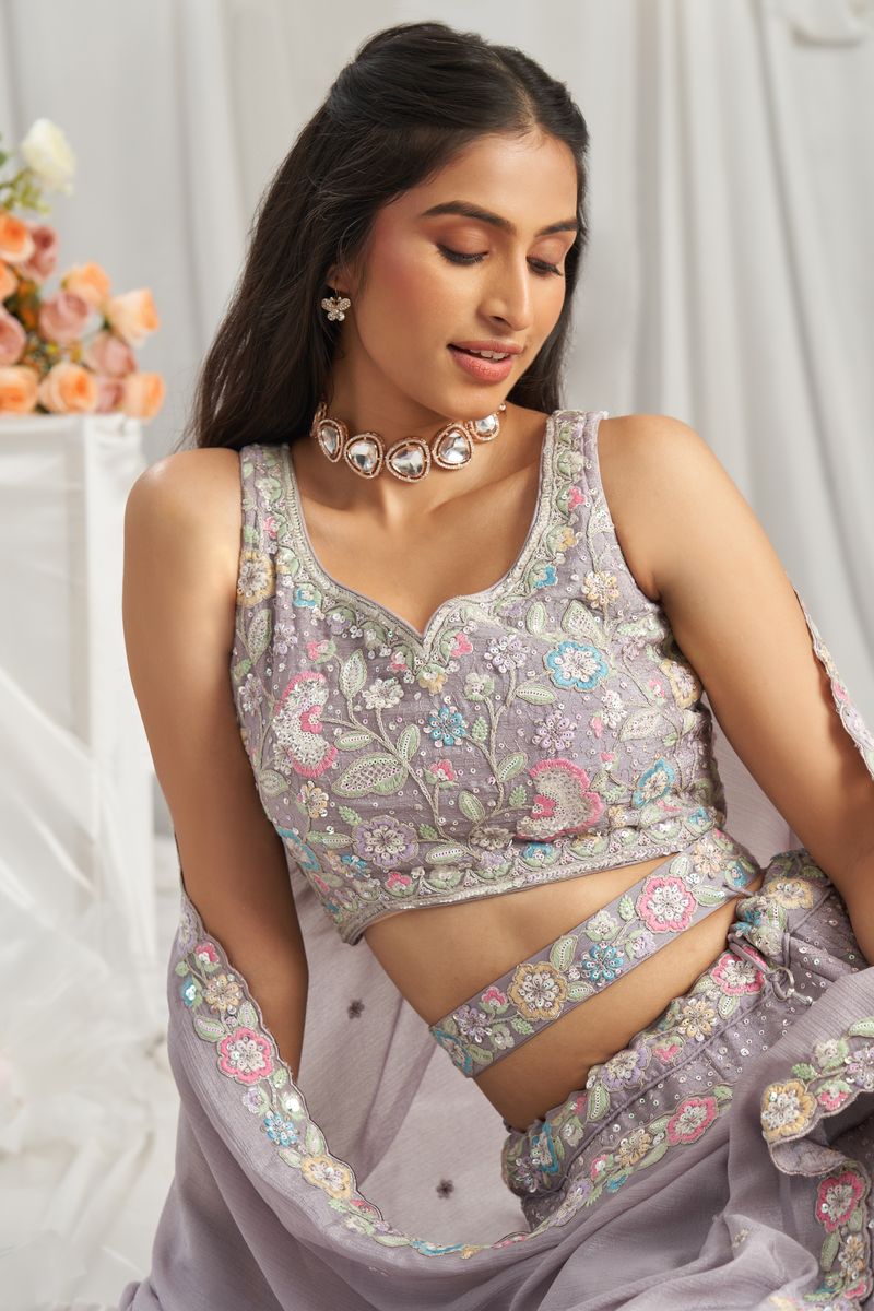 Mauve Pure Chiffon Sequins and thread embroidery Semi-Stitched Lehenga choli & Dupatta