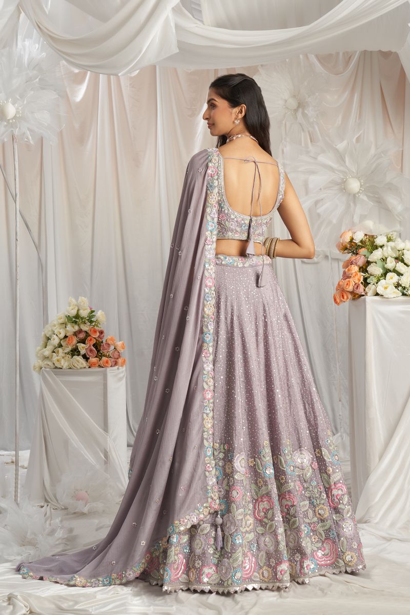 Mauve Pure Chiffon Sequins and thread embroidery Semi-Stitched Lehenga choli & Dupatta