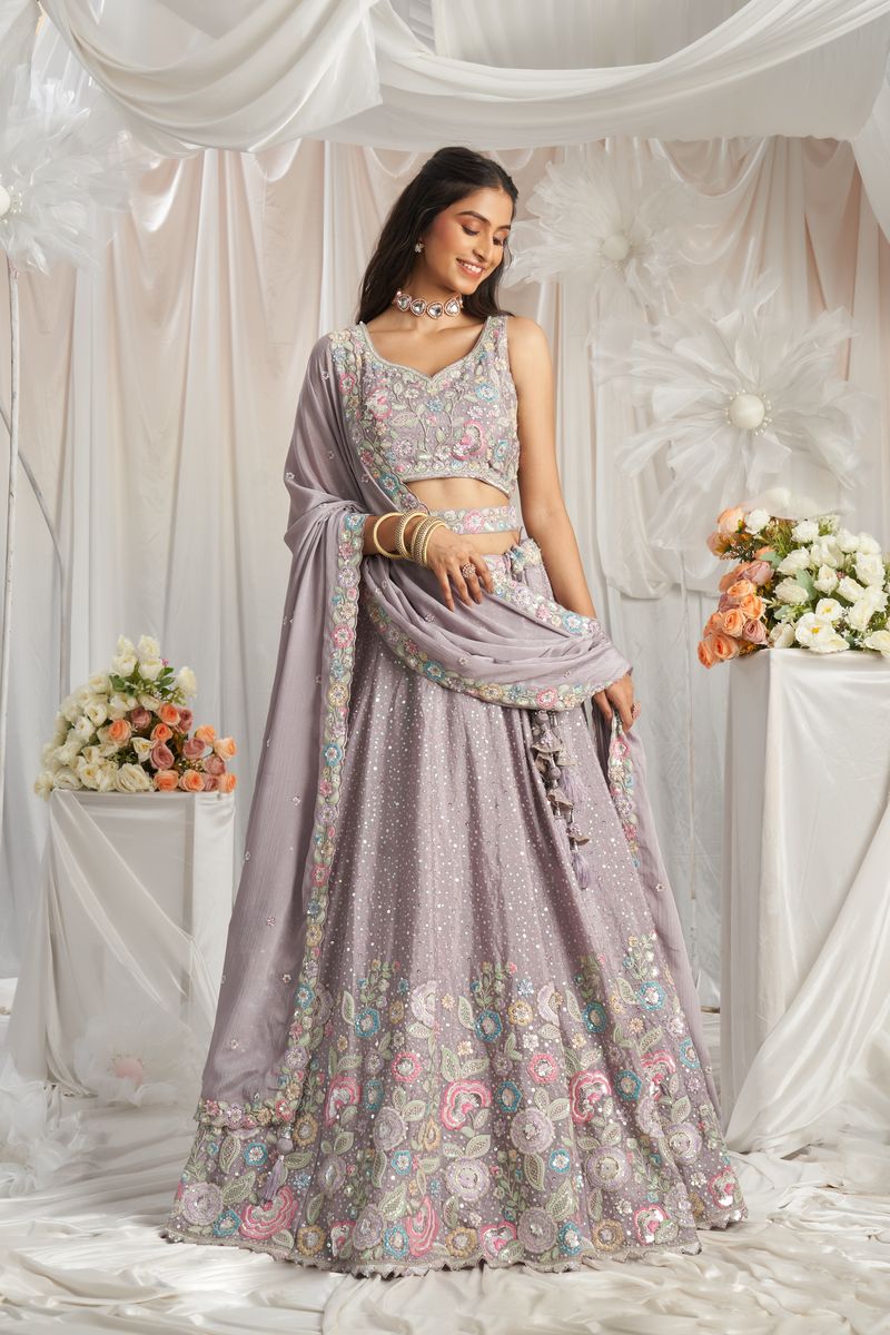 Mauve Pure Chiffon Sequins and thread embroidery Semi-Stitched Lehenga choli & Dupatta