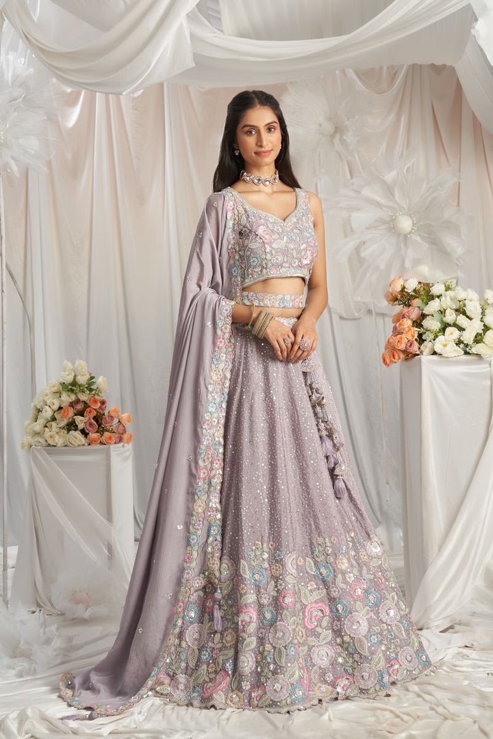 Mauve Pure Chiffon Sequins and thread embroidery Semi-Stitched Lehenga choli & Dupatta