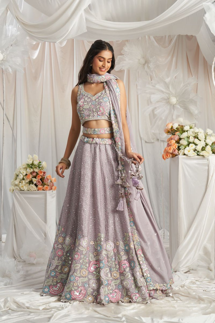 Mauve Pure Chiffon Sequins and thread embroidery Semi-Stitched Lehenga choli & Dupatta