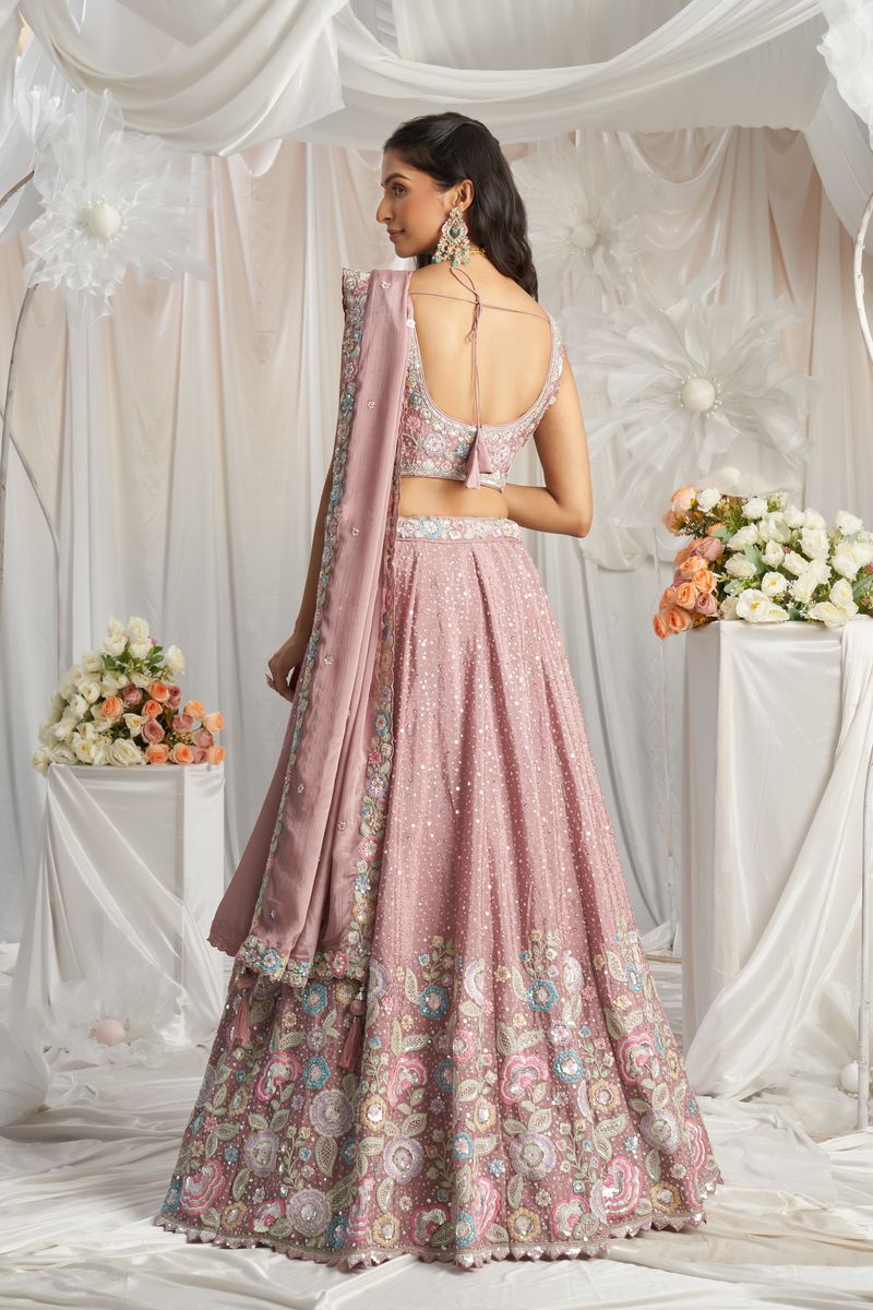 Rose gold Pure Chiffon Sequins and thread embroidery Semi-Stitched Lehenga choli & Dupatta