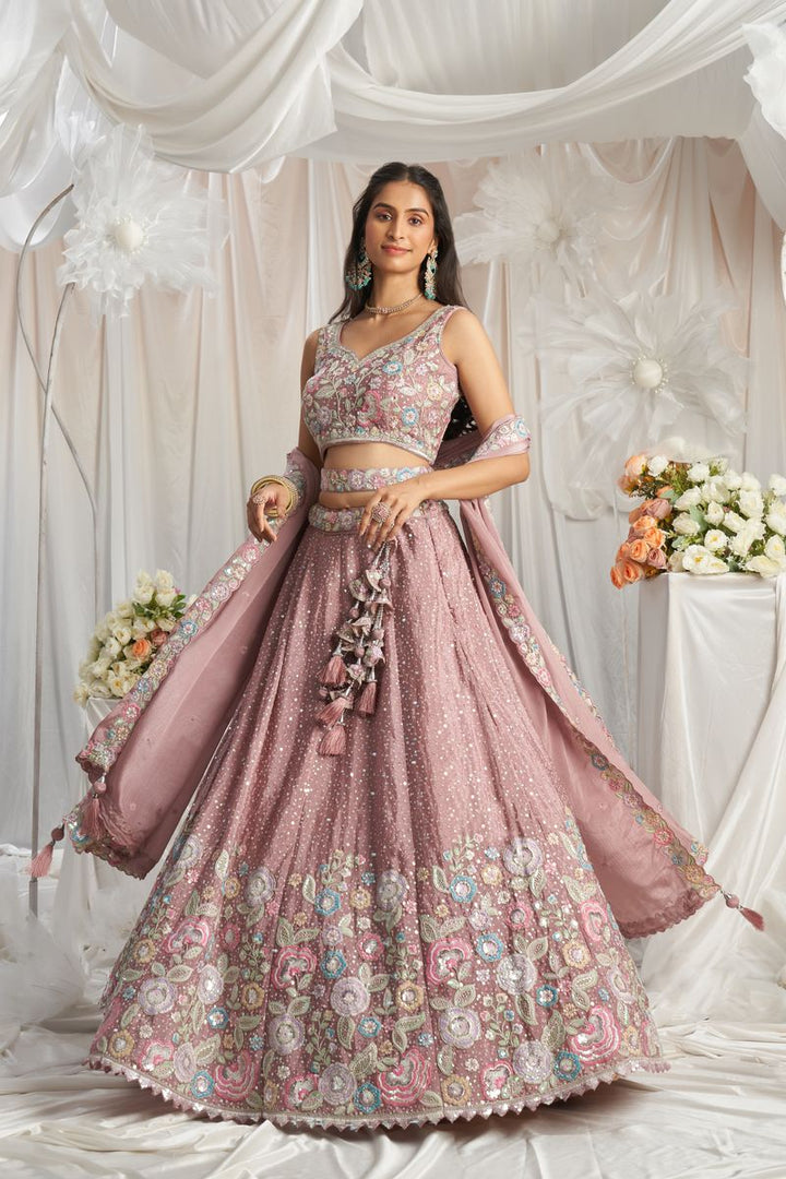 Rose gold Pure Chiffon Sequins and thread embroidery Semi-Stitched Lehenga choli & Dupatta